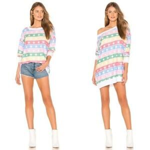 New Wildfox Roadtrip Steller Stripe‎ Pullover Rainbow Loungewear XXS